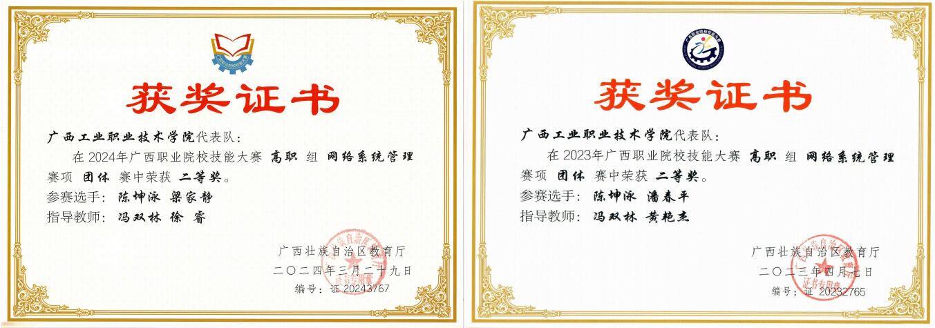 广西职业院校技能大赛网络系统管理赛项团体获奖证书