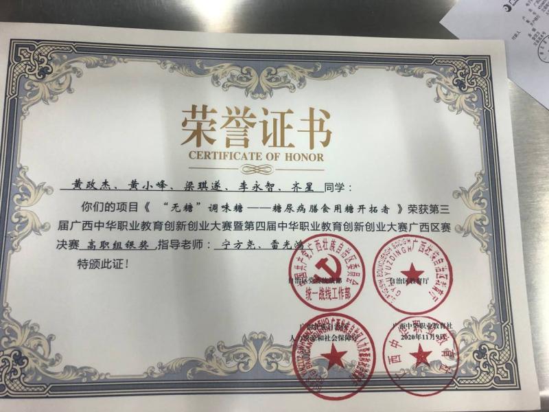 2020年黄政杰、黄小峰、梁琪遂、李永智、齐星荣获第三届广西中华职业教育创新创业大赛暨第四届中华职业教育创新创业大赛西区赛决赛（高职组）银奖.jpg