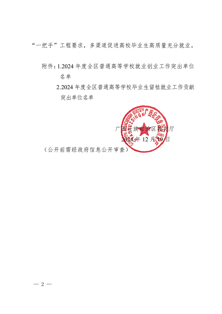 桂教学生〔2024〕25 号自治区教育厅关于表扬 2024 年全区普通高等学校就业创业工作突出单位和留桂就业工作贡献突出单位的通知_2