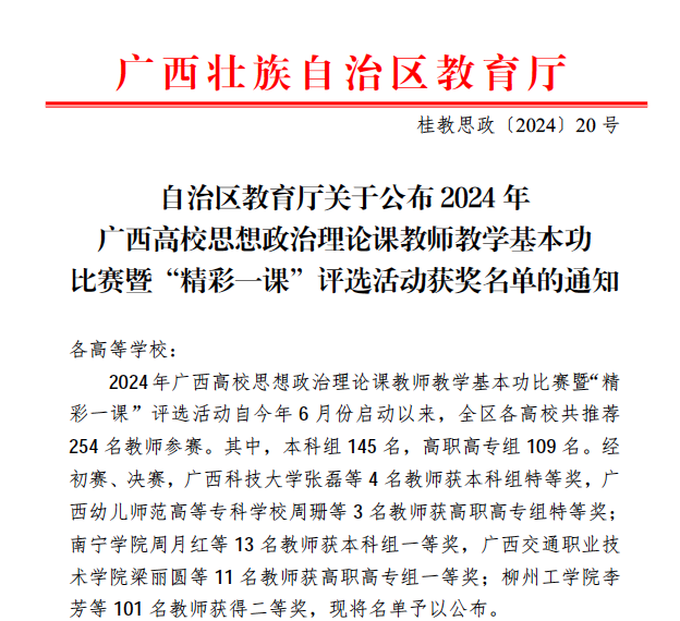 喜讯：我校教师在2024年广西高校思想政治理论课教师教学基本功暨“精彩一课”比赛中喜获佳绩！