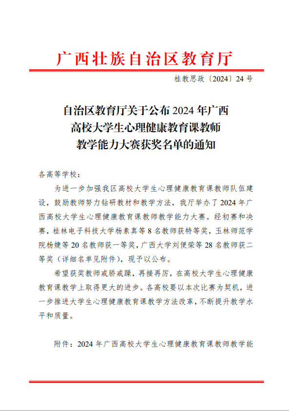 喜报：我校在2024年广西高校大学生心理健康教育课教师教学能力大赛中喜获佳绩