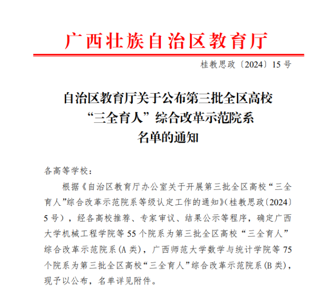 喜讯：我院获评第三批全区高校“三全育人”综合改革示范院系（A类）