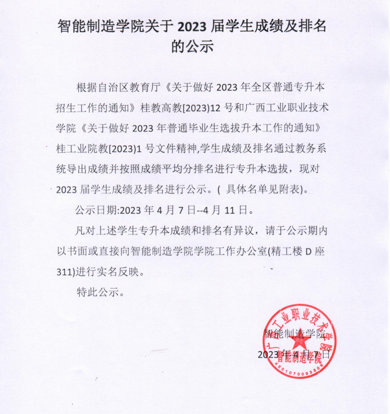 智能制造学院关于2023届学生成绩及排名的公示